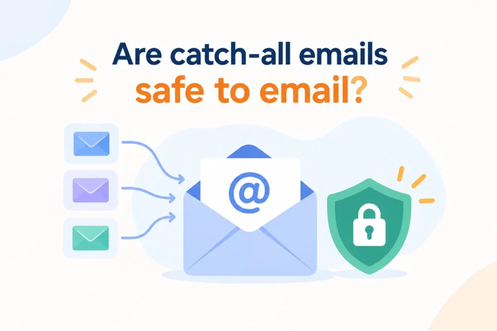 Catch-all emails and email safety illustrated with envelopes and a security shield.