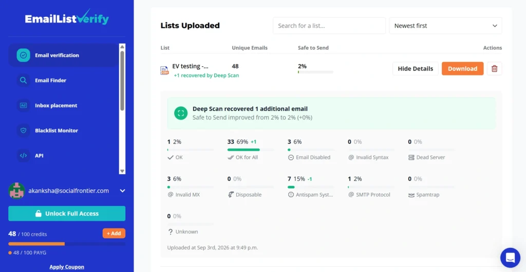 EmailListVerify email verification showing results.