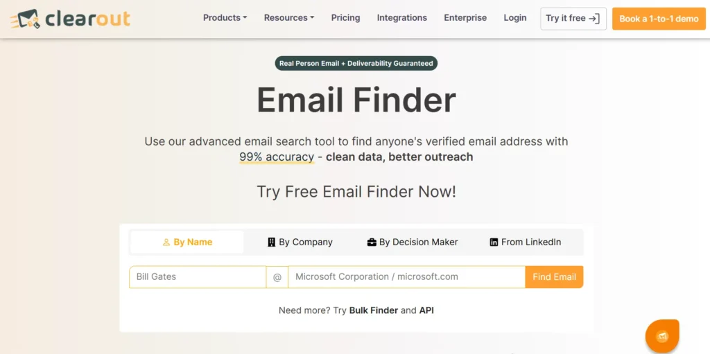 Clearout Email Finder landing page.
