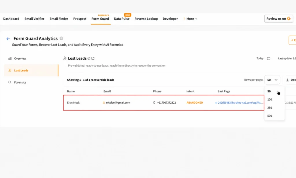 Clearout Form Guard Analytics dashboard displaying a recovered lost lead with its details. 