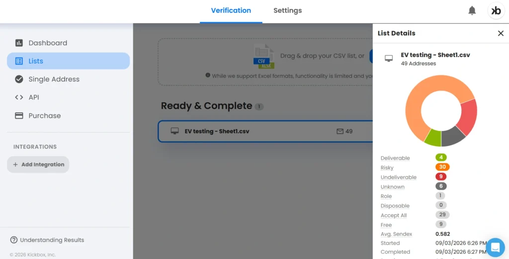 Kickbox email verification showing results.