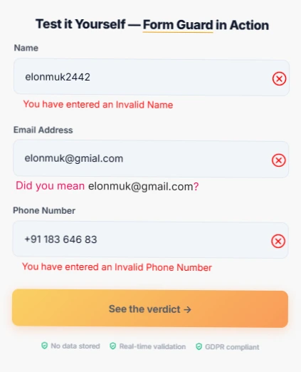 Clearout Form Guard interface demonstrating real-time inline validation with error messages.