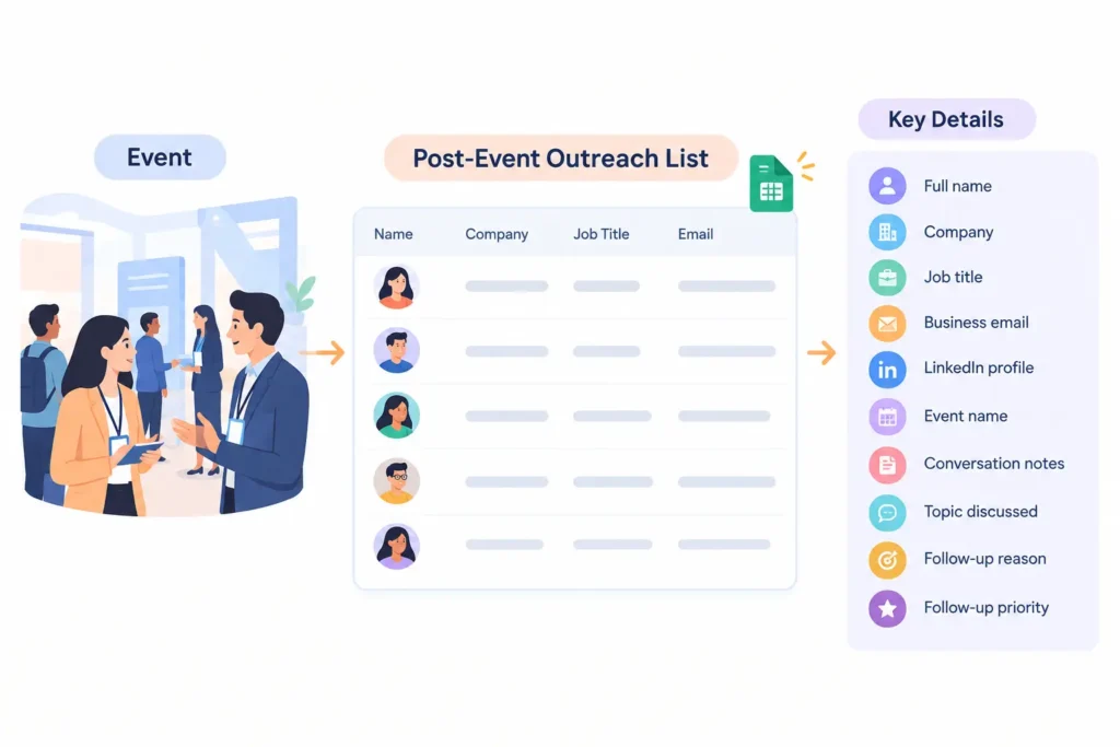 Post-event outreach list with contact details and follow-up information.