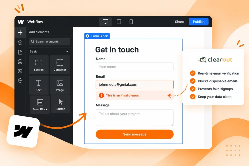 Webflow form builder shows a contact form with an email field displaying an inline validation message.