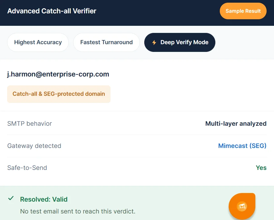 Clearout Deep Verify Mode identifying a valid email on a SEG-protected domain.