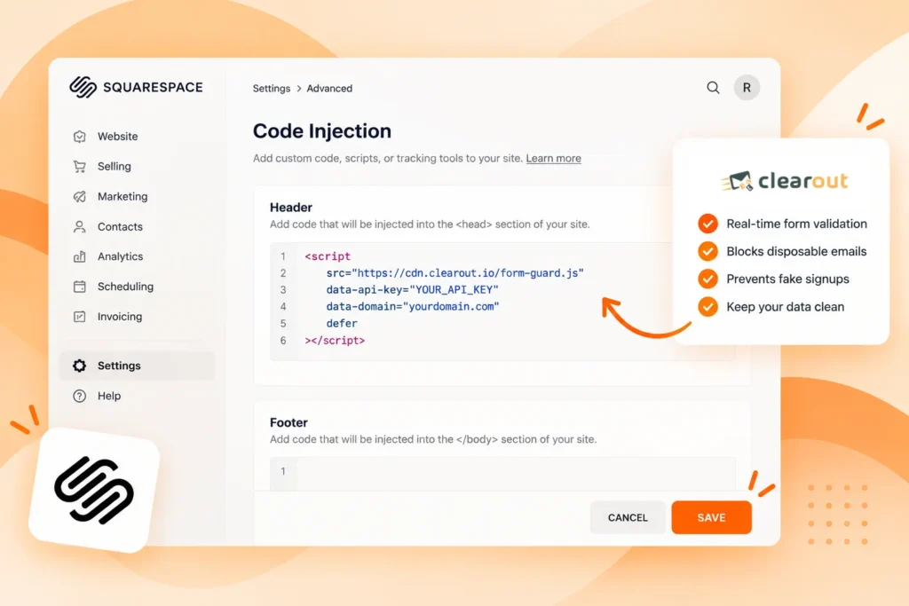 Squarespace Code Injection settings panel showing the Header field with a script tag pasted in.