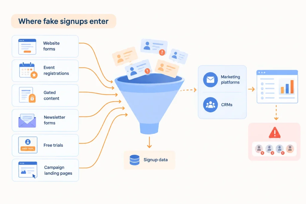 Sources of fake signups flowing into marketing platforms and CRMs