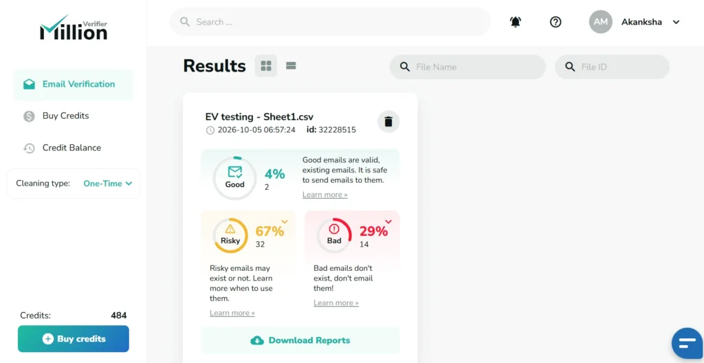 MillionVerifier showing Email Verification test results