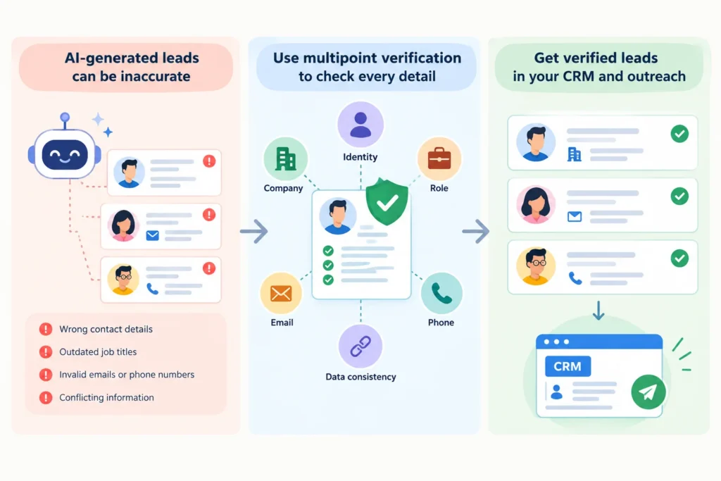 AI-generated leads moving through multipoint verification into CRM and outreach.